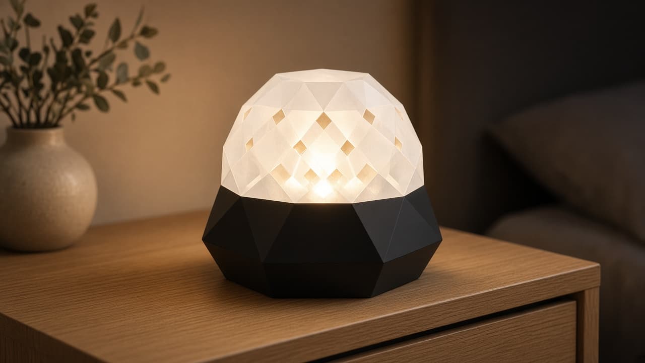 White geometric lamp shade on a black base