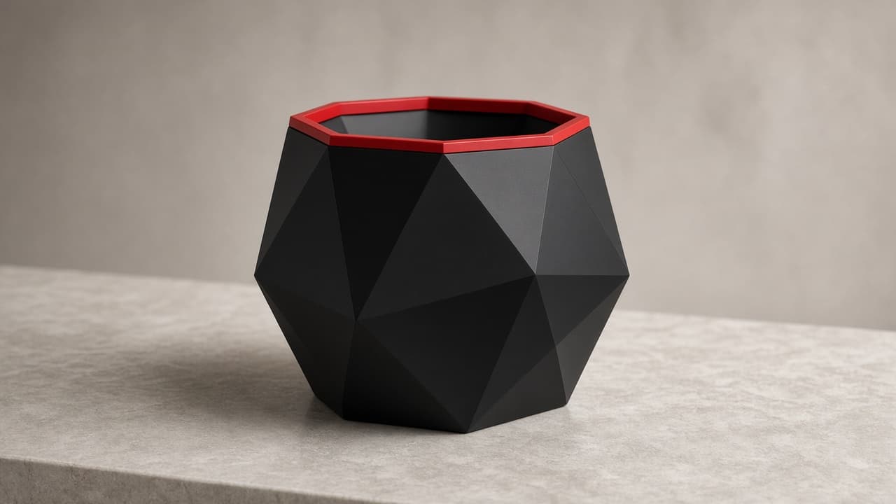 Black geometric planter with red interior rim