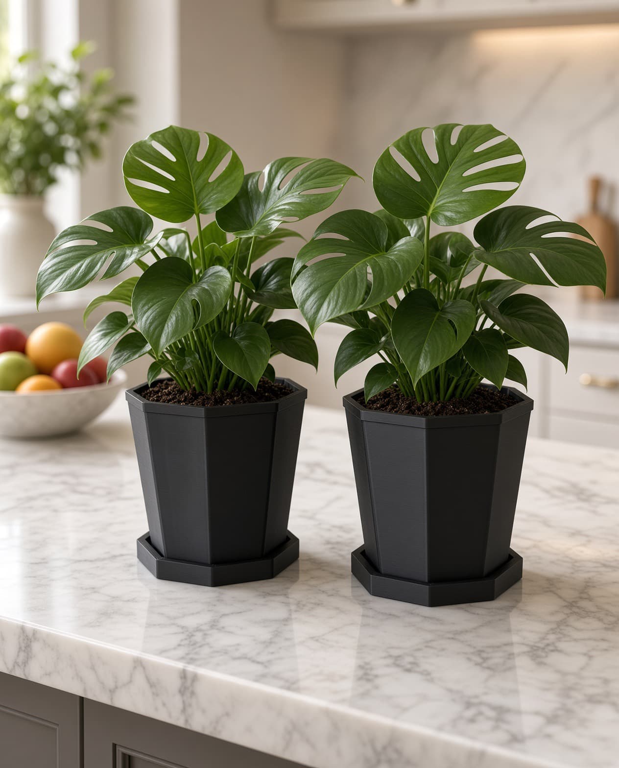Set of two black geometric planters with matching saucers (plants not included)